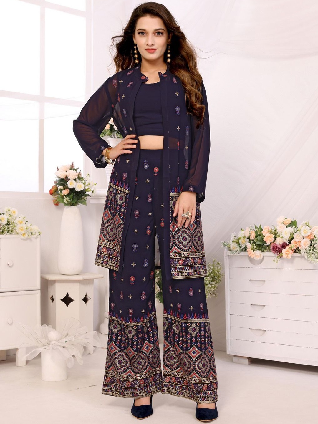 

Titanium Silk Industries Printed Top & Trousers With Jacket Co-Ords, Navy blue