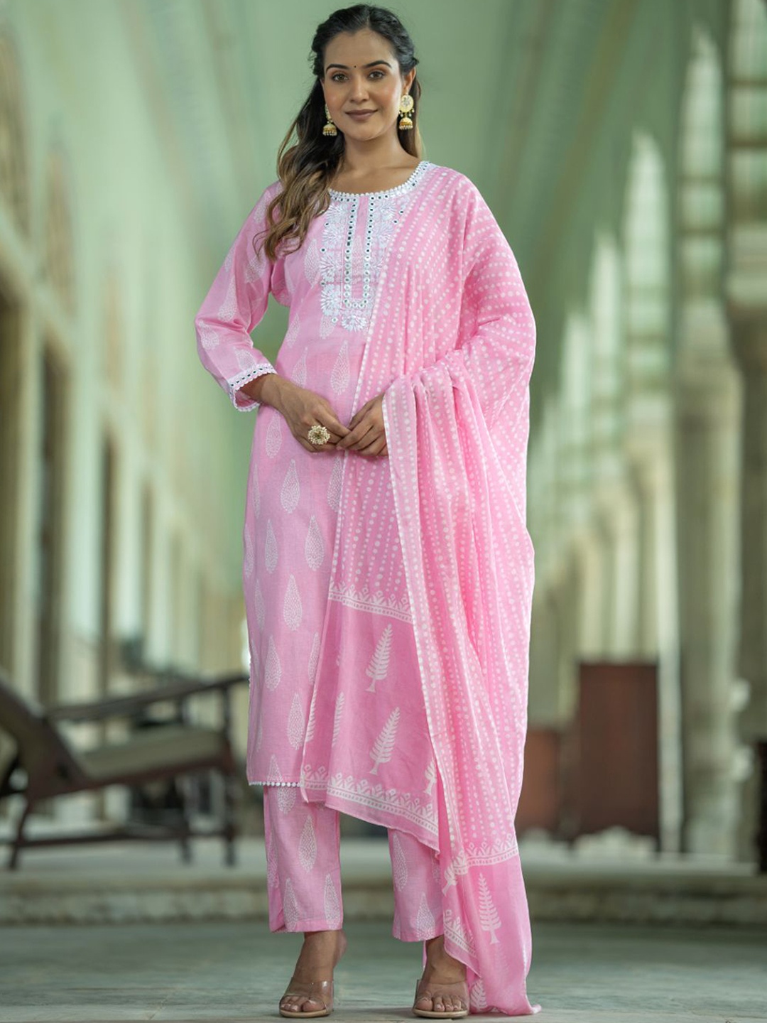 

KALINI Floral Printed Regular Pure Cotton Straight Kurta with Trousers & Dupatta, Pink