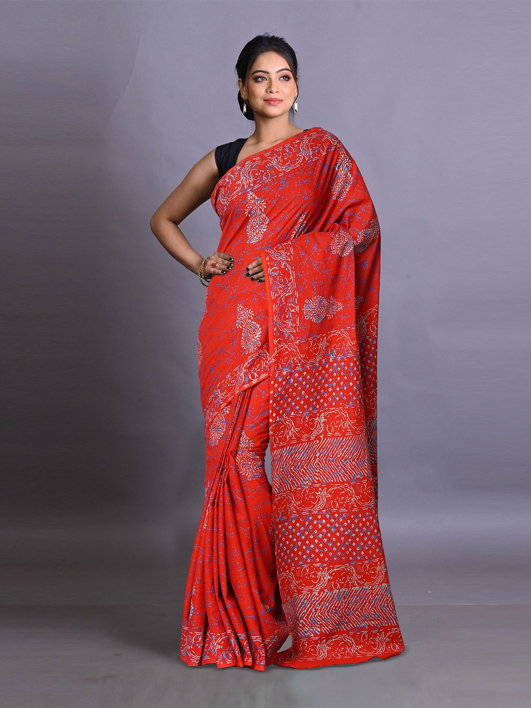 

Unnati Silks Ethnic Motifs Pure Cotton Handloom Block Printed Saree, Red