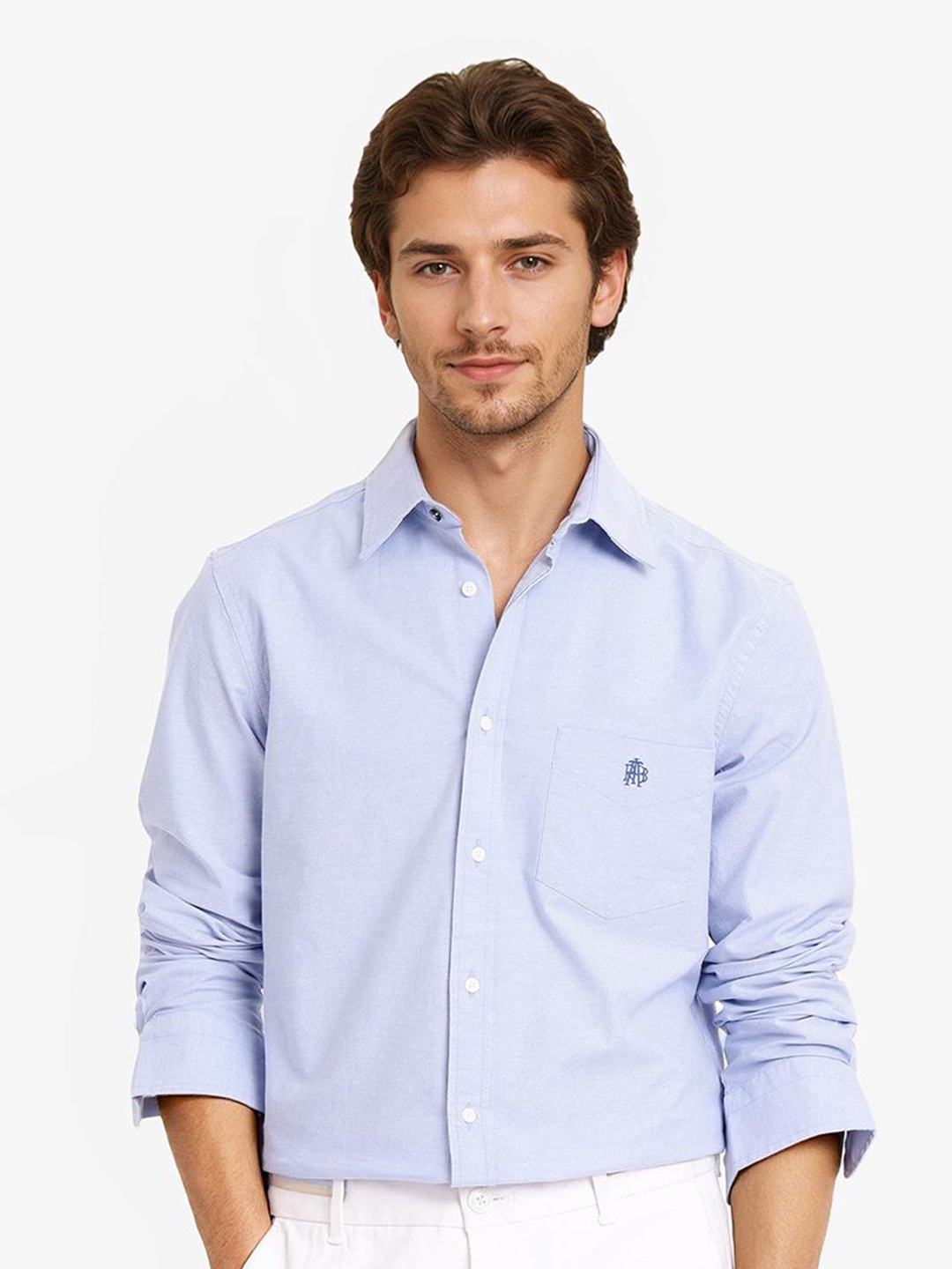 

RARE RABBIT Men Comfort Spread Collar Solid Cotton Formal Shirt, Blue