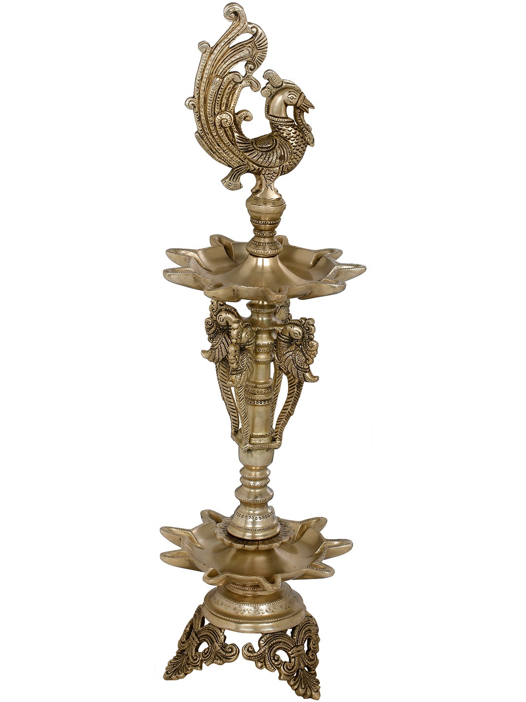 

Exotic India 23" Auspicious Peacock Lamps in Brass, Gold