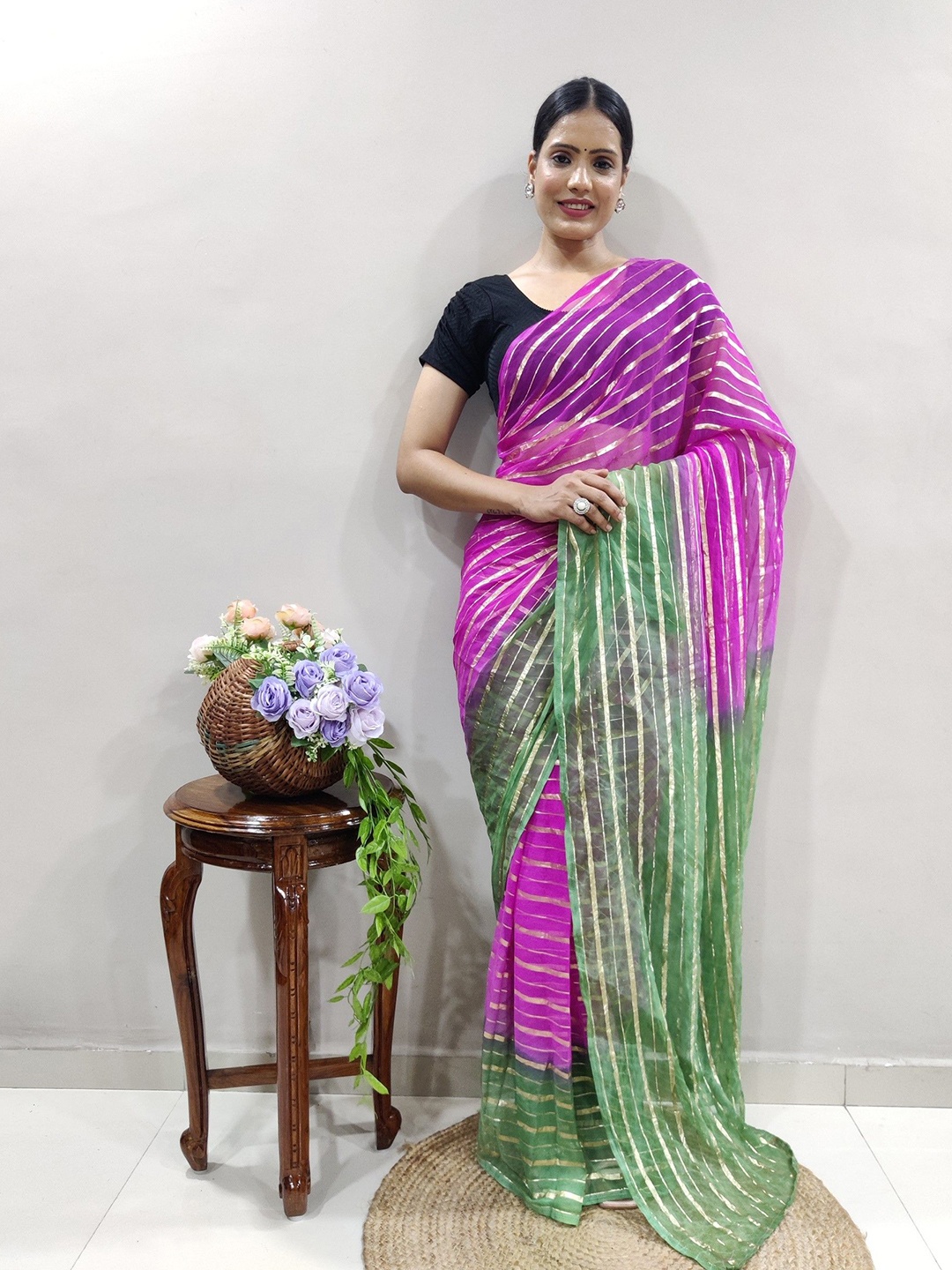 

LeeliPeeri Designer Striped Zari Organza Saree, Purple