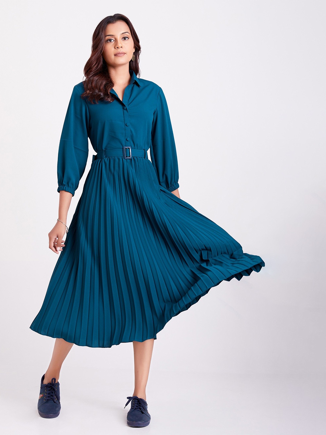 

Femvy Puff Sleeve Accordion Pleats Fit & Flare Dress, Blue