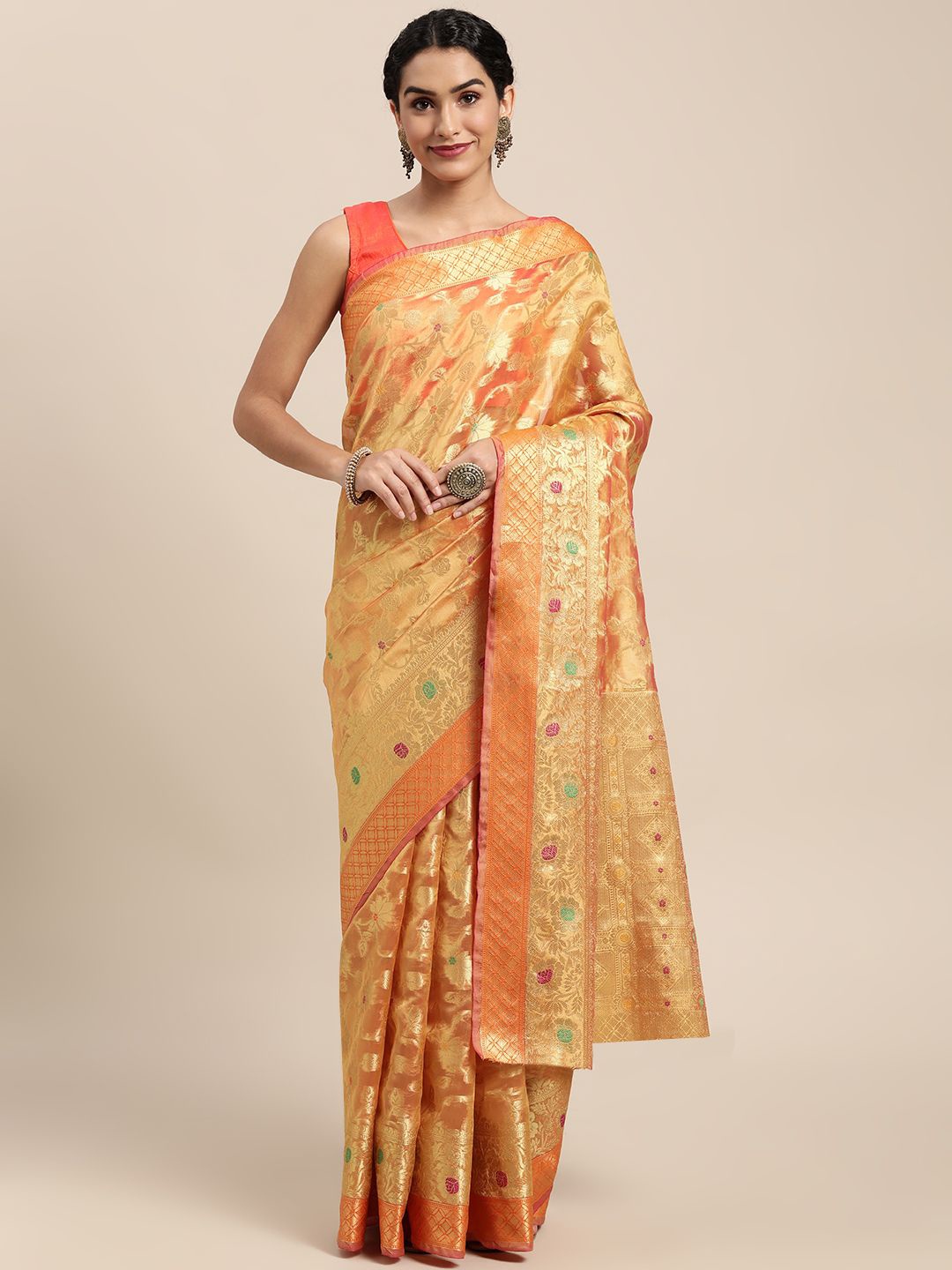 

KIMISHA Floral Zari Organza Kanjeevaram Saree, Orange
