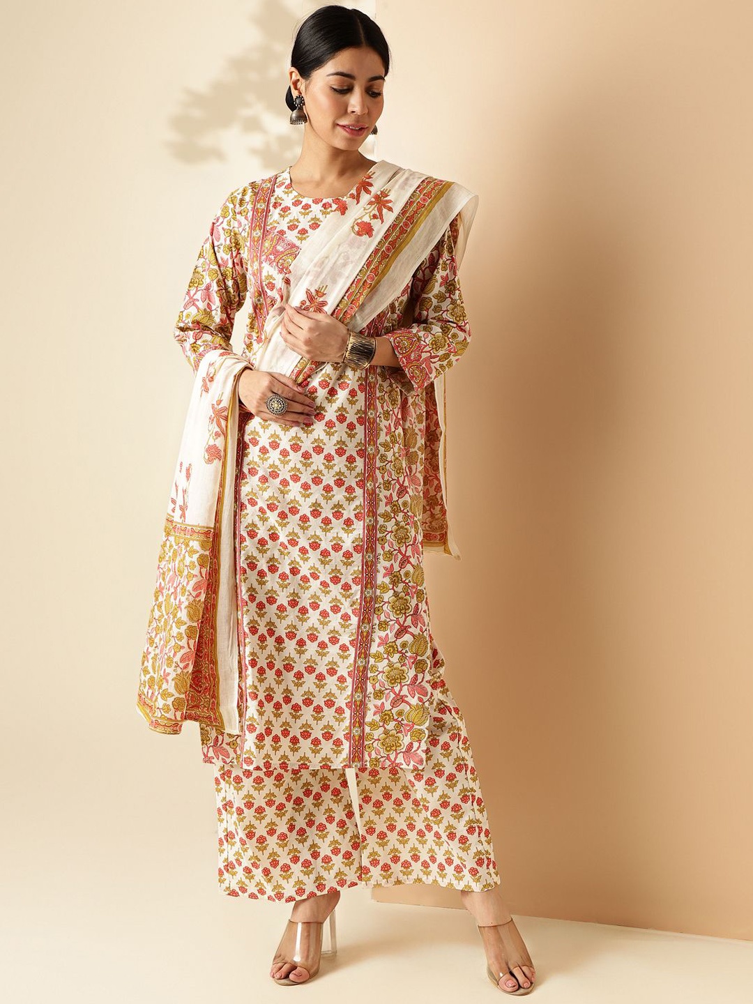 

Vbuyz Floral Printed Regular Pure Cotton Kurta with Palazzos With Dupatta, Cream