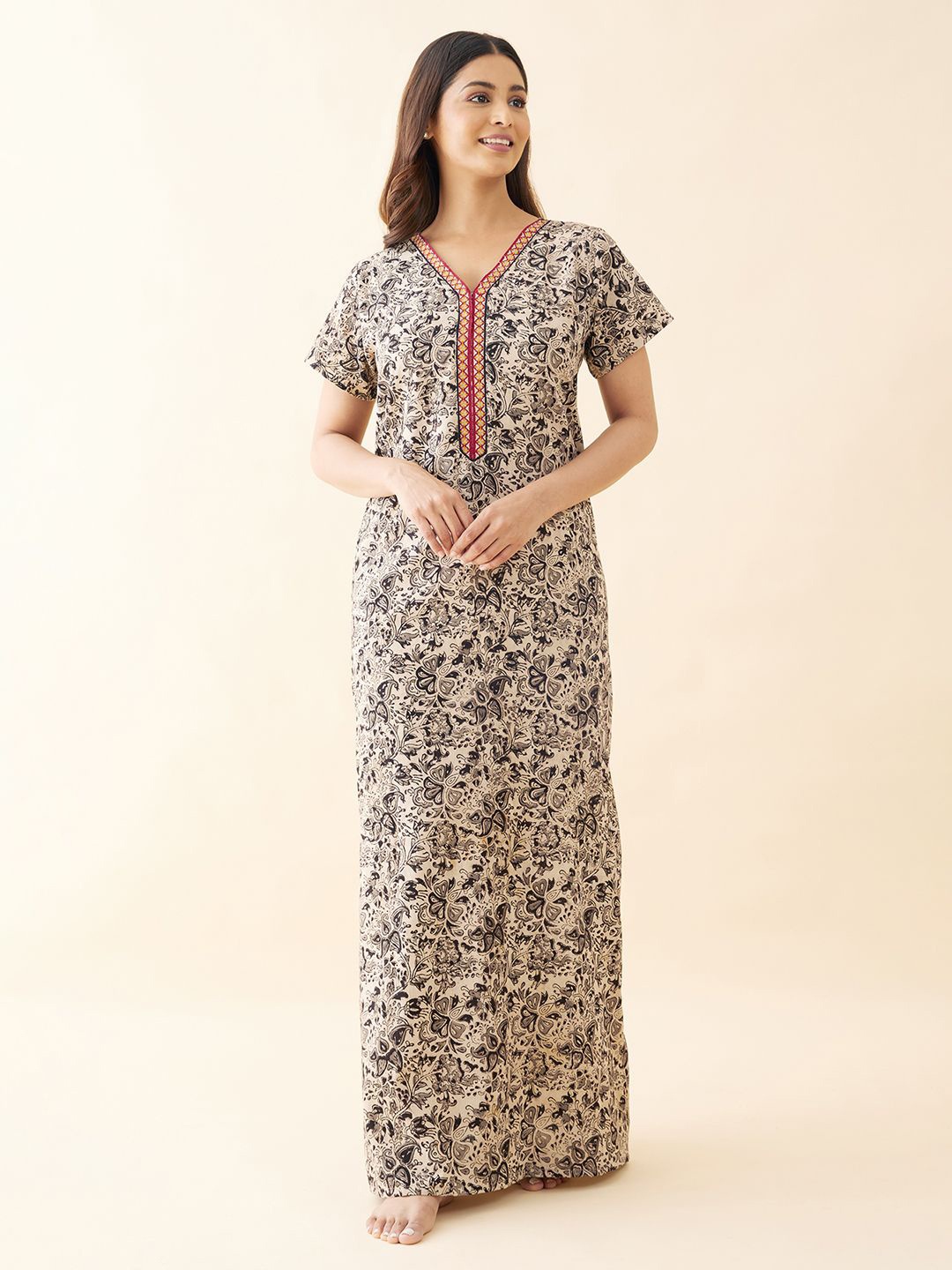 

Maybell Women Floral Embroidered Printed Maxi Nightdress, Black