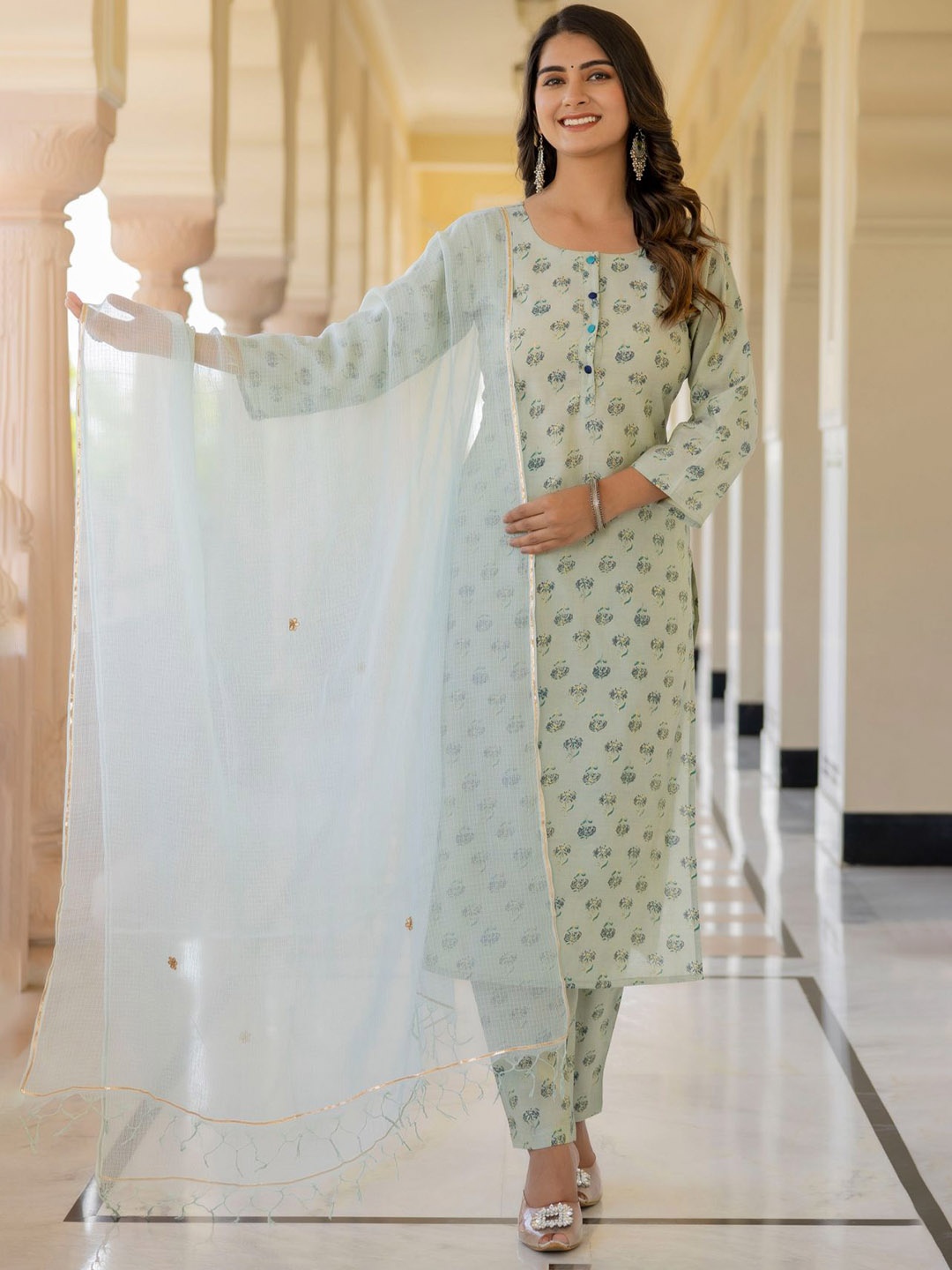 

Rangeelo Floral Printed Round Collar Chanderi Cotton Straight Kurta with Trouser & Dupatta, Green