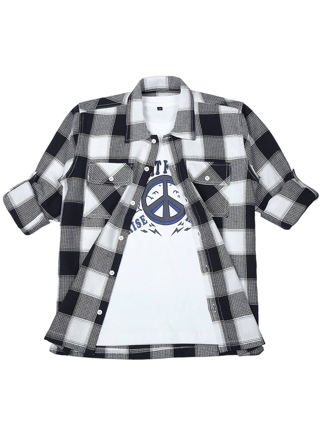 

Cavio Boys Spread Collar Buffalo Checked Cotton Casual Shirt & T-Shirt, Navy blue