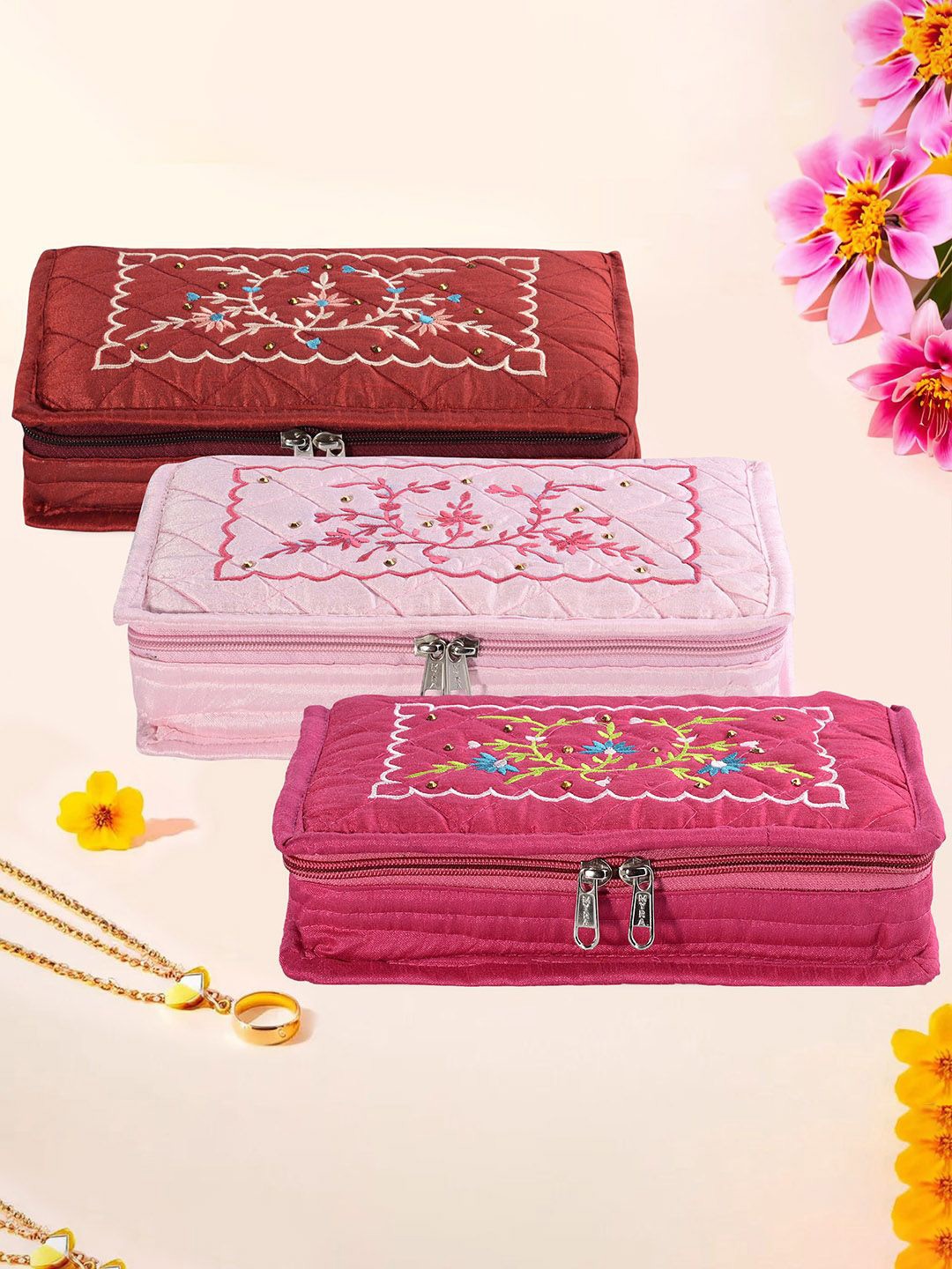 

Kuber Industries Maroon 3 Pieces Floral Embroidered Jewellery Organisers