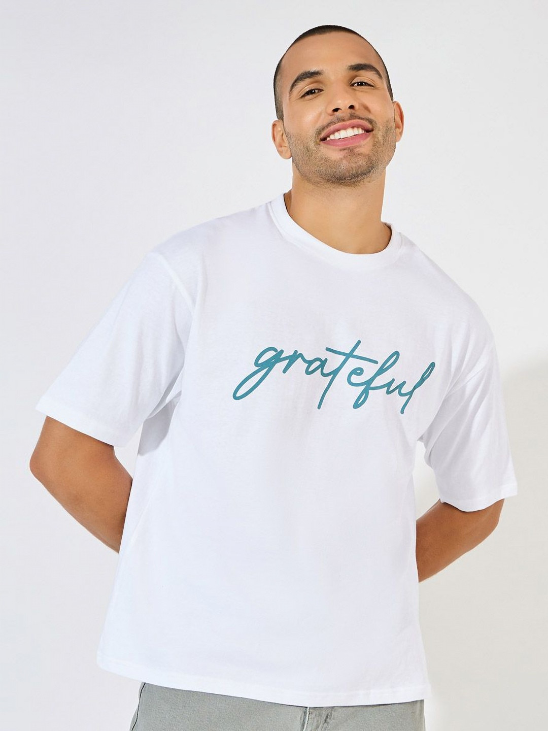 

Styli Men Oversized Fit Tee with Text Chest Print, White