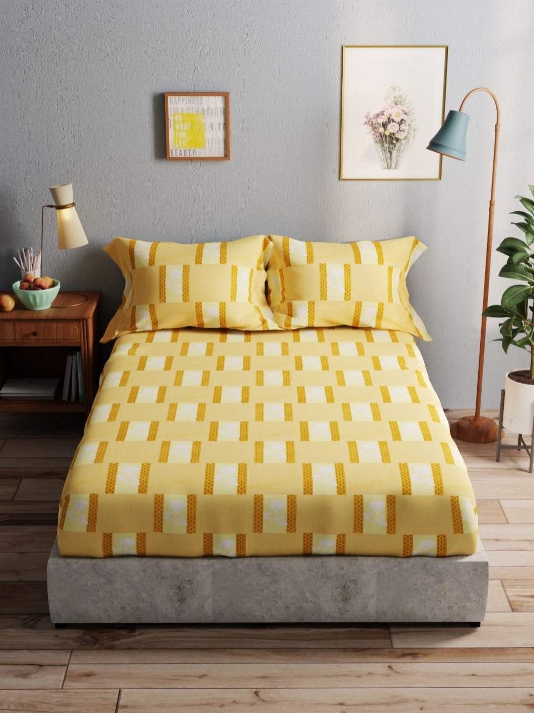 

BIANCA Amolina Mustard & Yellow Geometric 140 TC Queen Bedsheet with 2 Pillow Covers