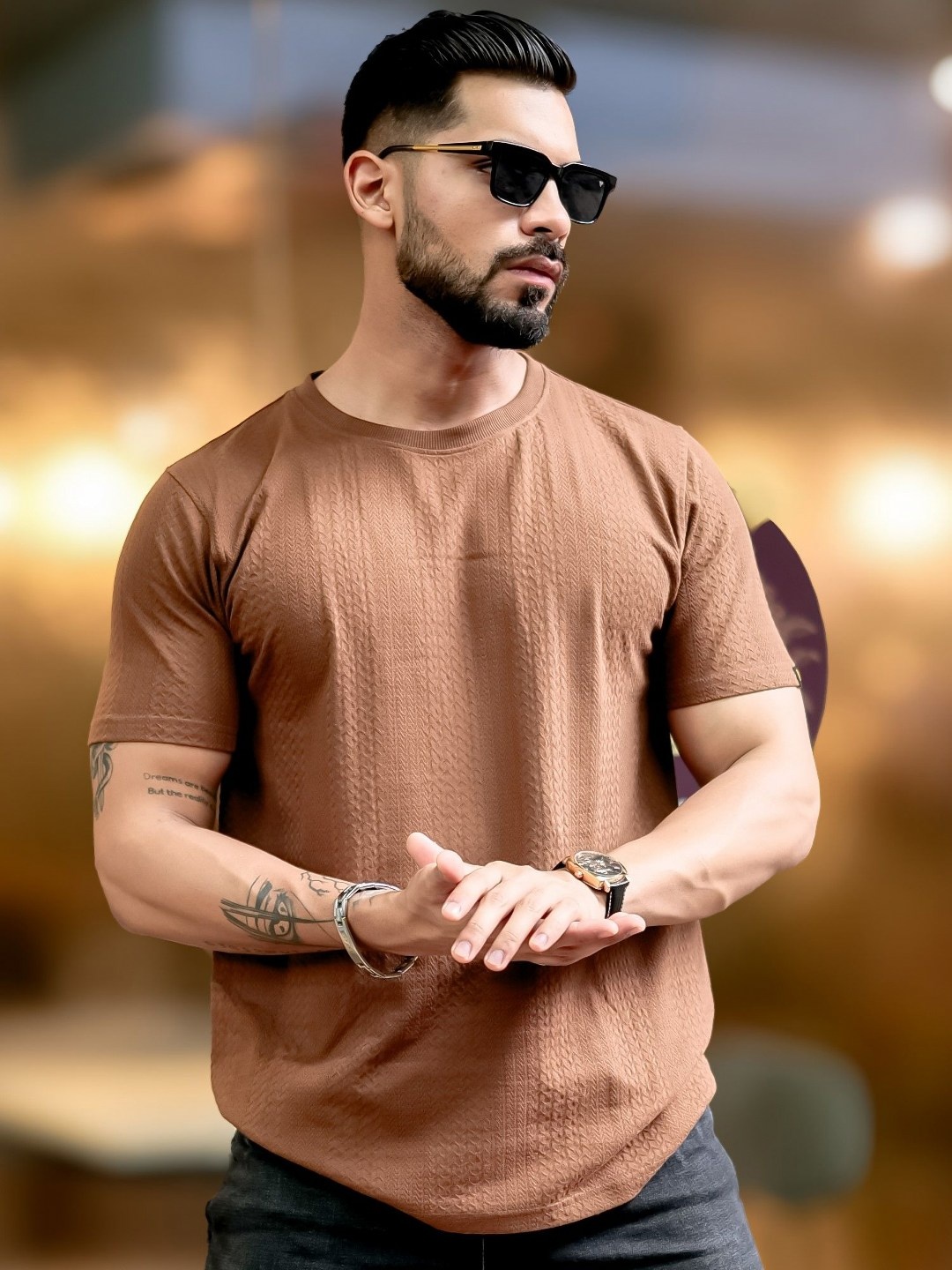 

Maniac Men Self Design Round Neck Cotton T-shirt, Brown