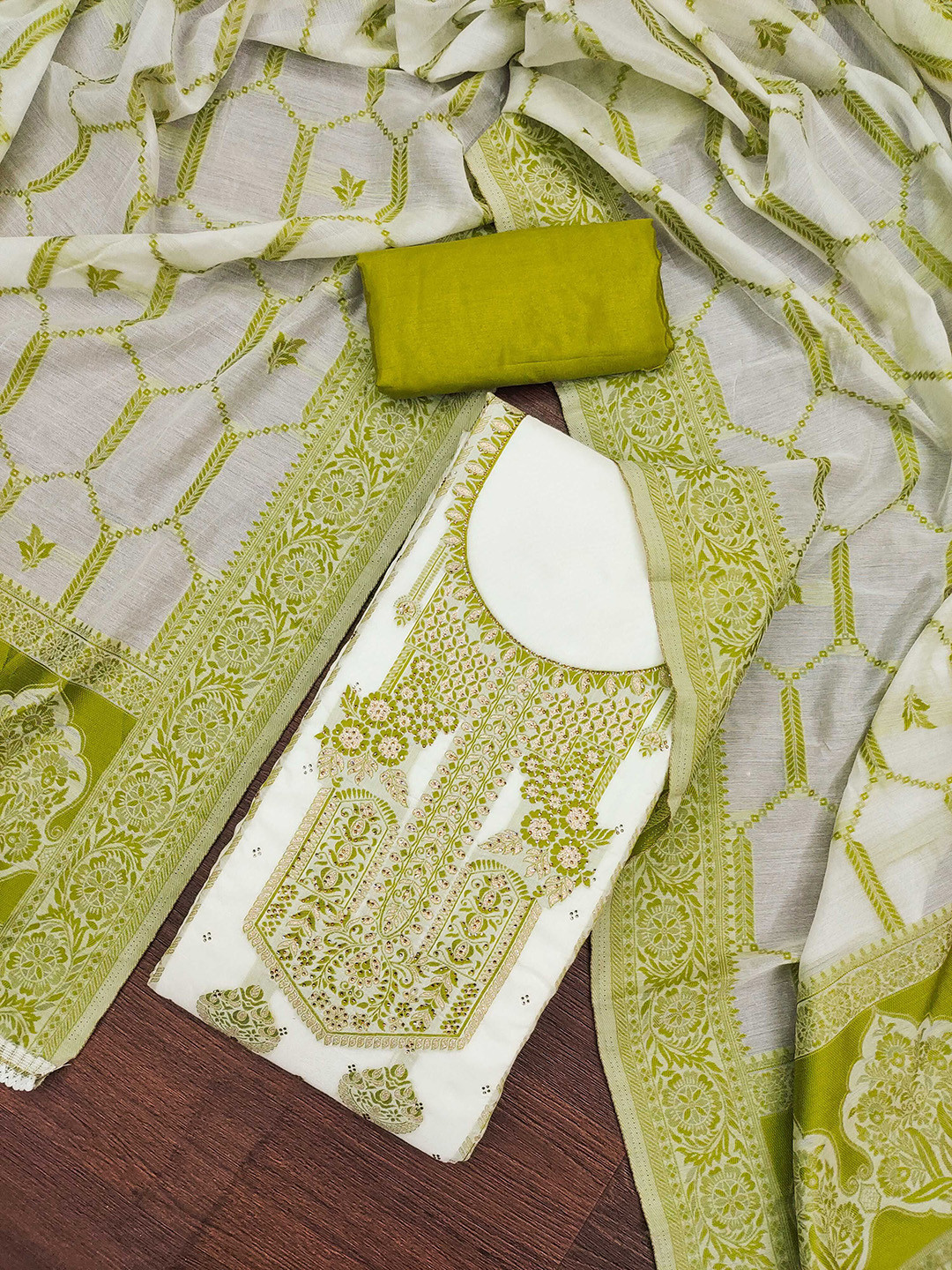 

KALINI Floral Zari Woven Design Unstitched Dress Material, Green
