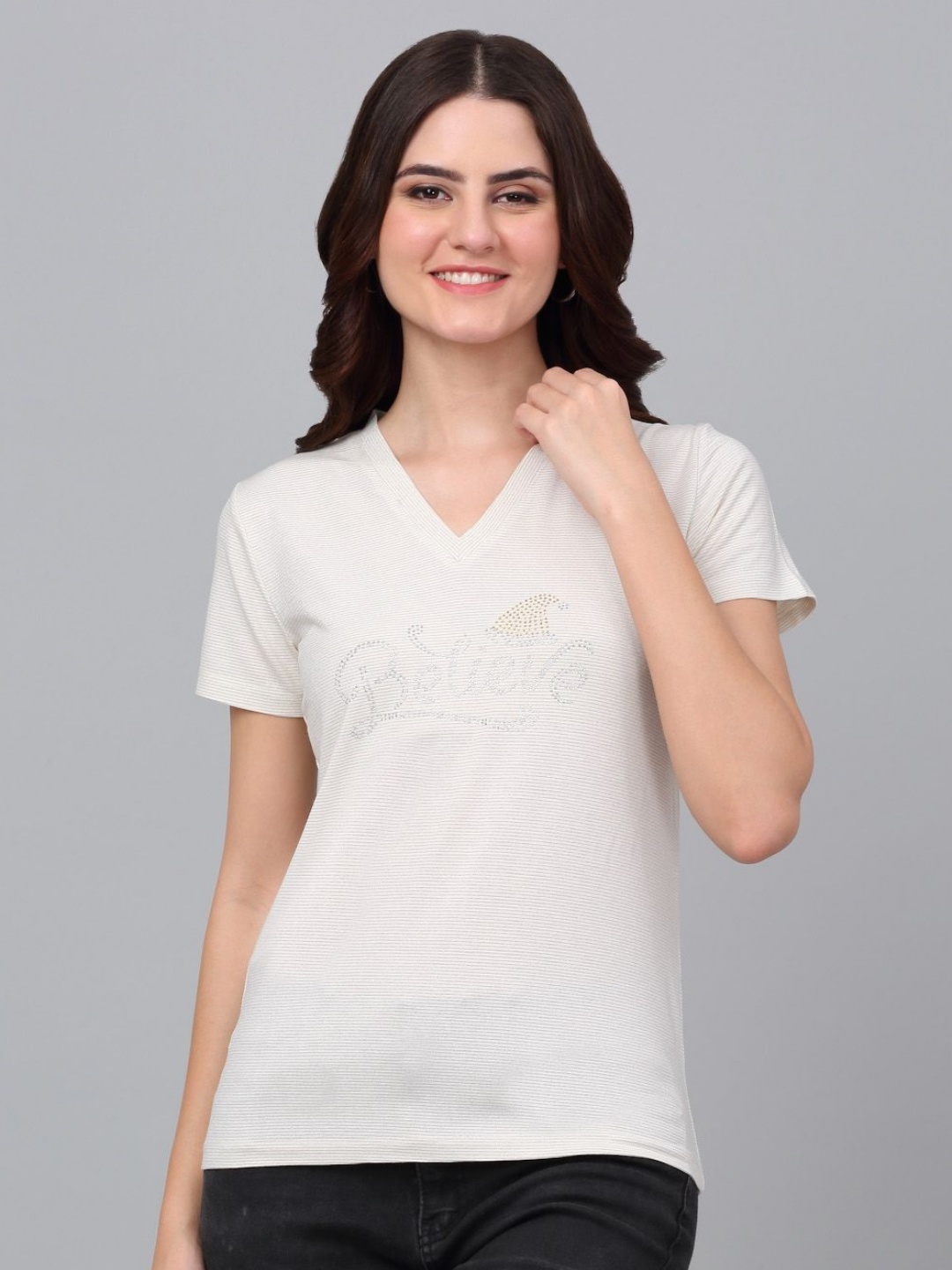 

Dressitude Women Solid V-Neck Pure Cotton T-Shirt, Cream