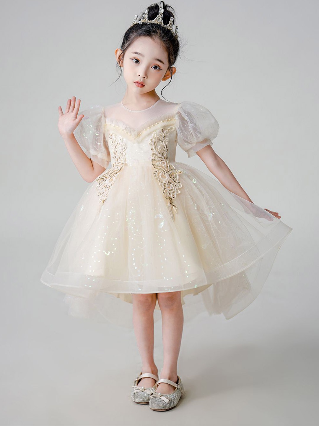 

JC SPARKLE Self Design Puff Sleeve Fit & Flare Dress, Champagne