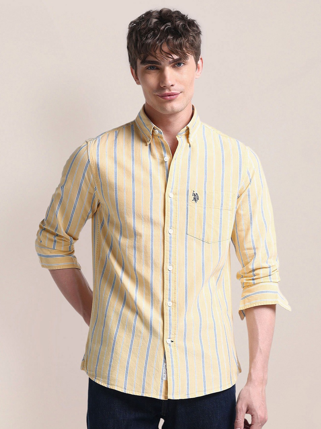 

U.S. Polo Assn. Men Classic Button-Down Collar Striped Cotton Casual Shirt, Yellow