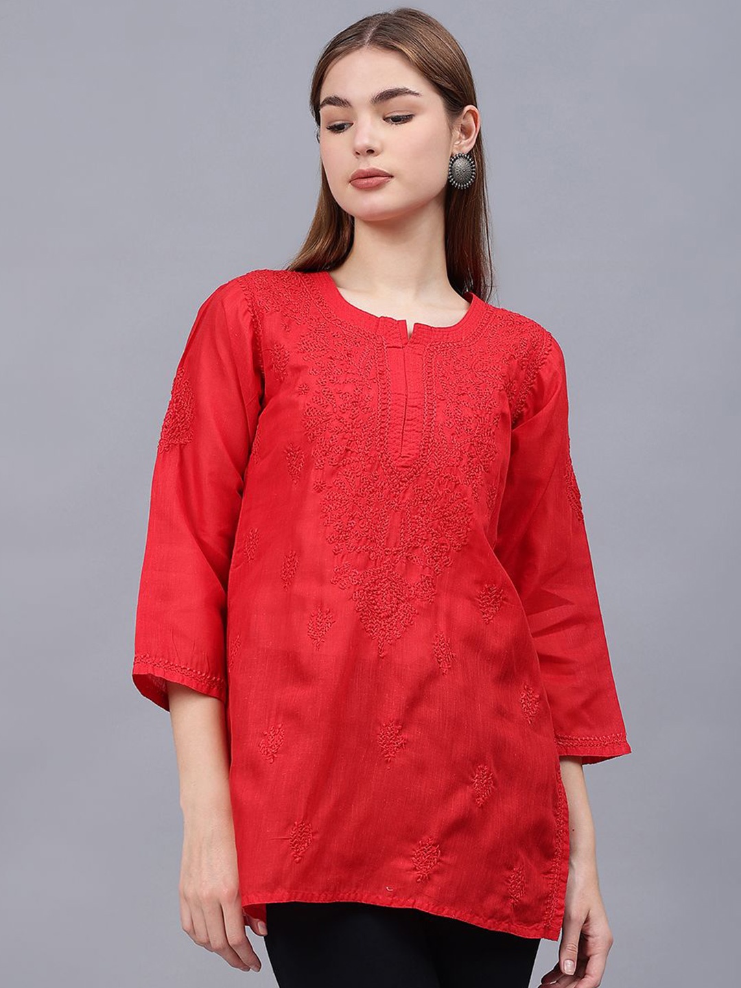 

Seva Chikan Ethnic Motifs Embroidered Chikankari Handloom Chikankari Kurti, Red