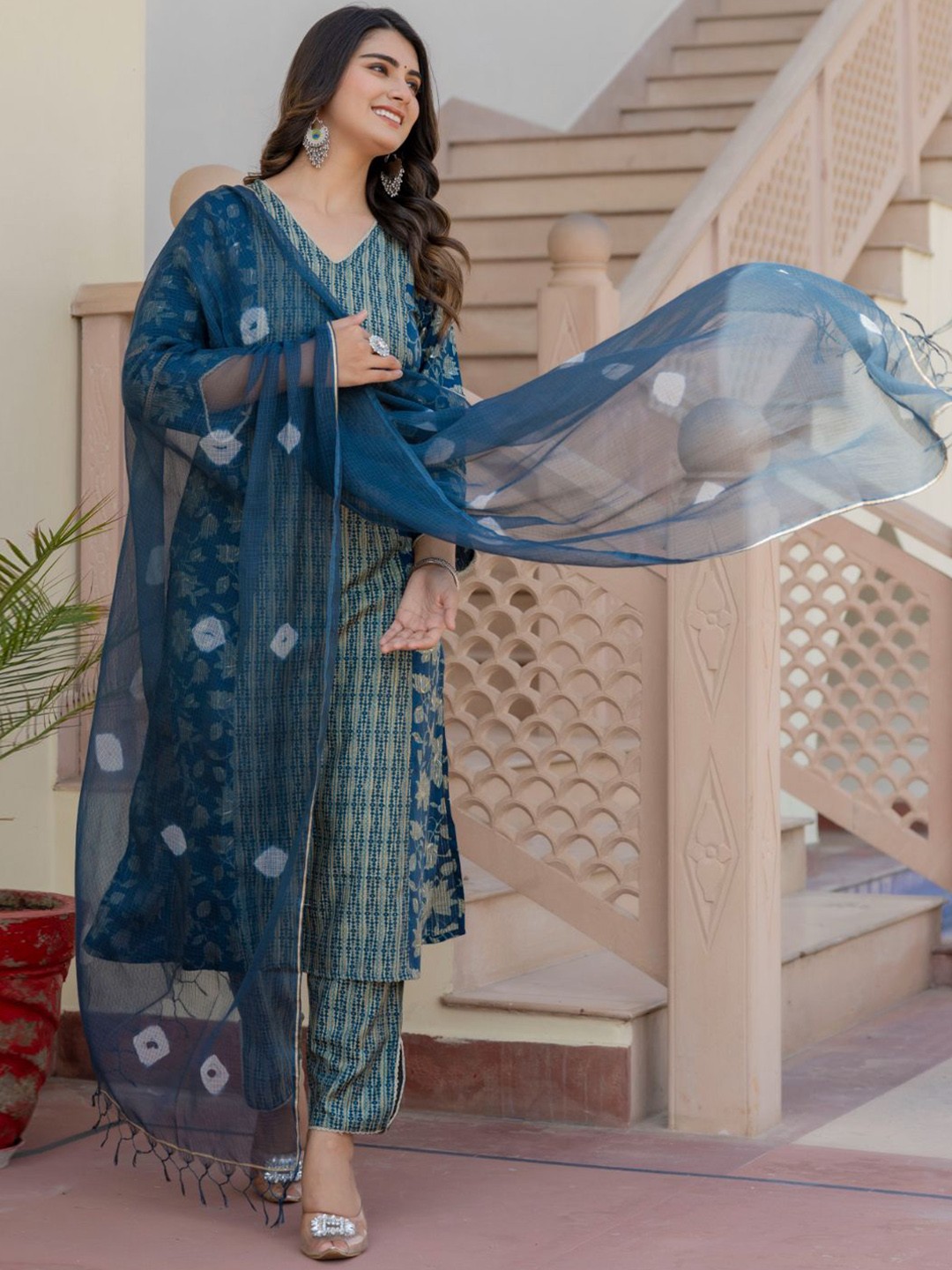 

Rangeelo Floral Printed V- Neck Chanderi Cotton Straight Kurta with Trouser & Dupatta, Blue