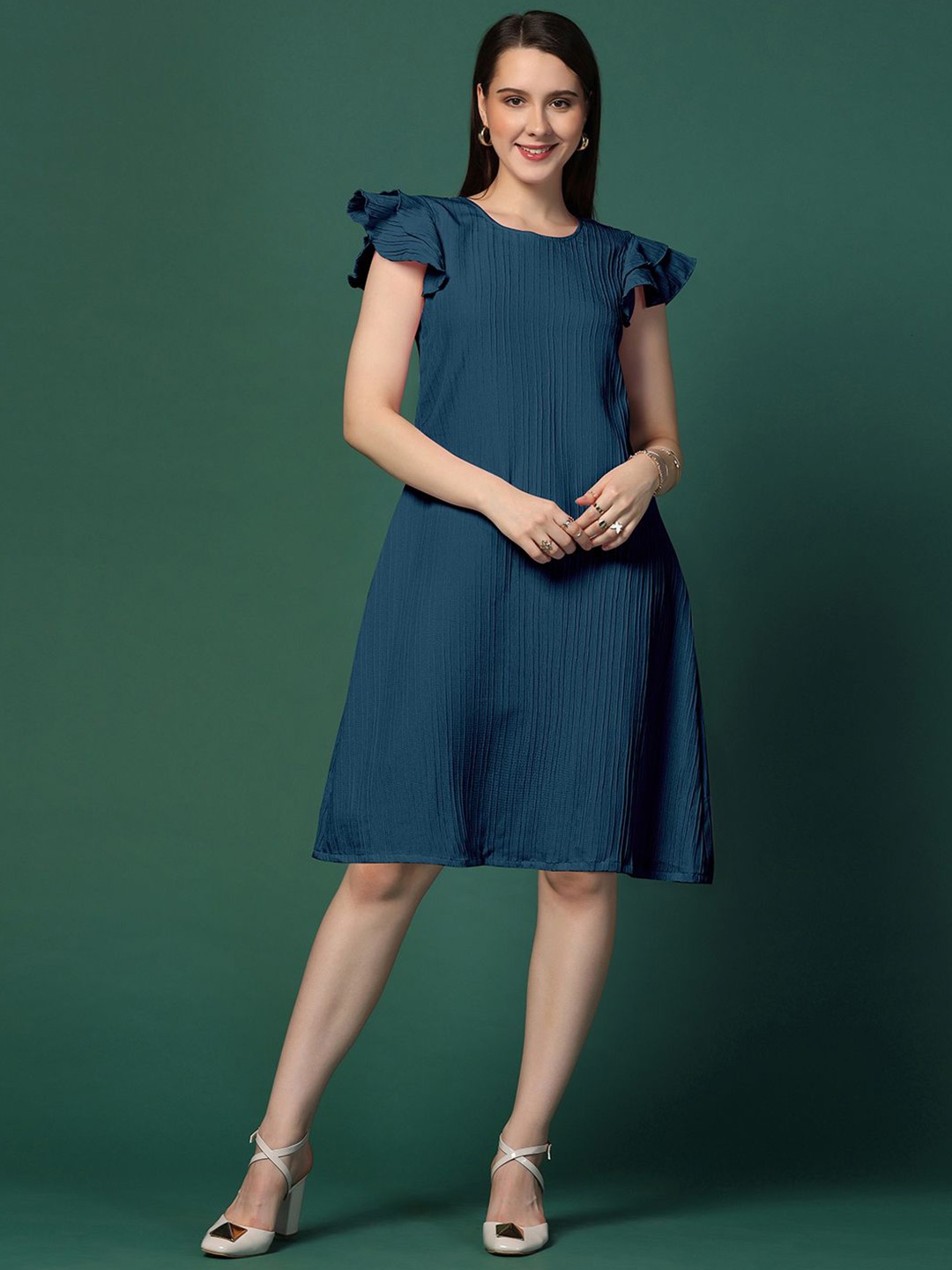 

OMPAX Flared Sleeve A-Line Dress, Blue