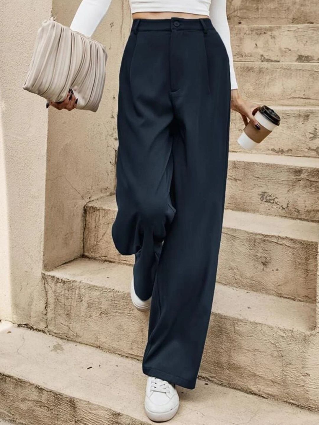 

Next One Women High-Rise Pleated Korean Trousers, Black