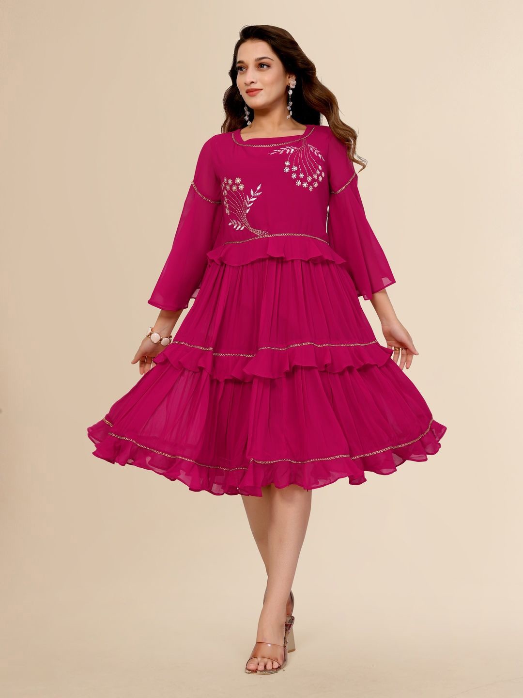 

TITANIUM SILK INDUSTRIES PVT. LTD. Bell Sleeve Georgette Maxi Dress, Pink