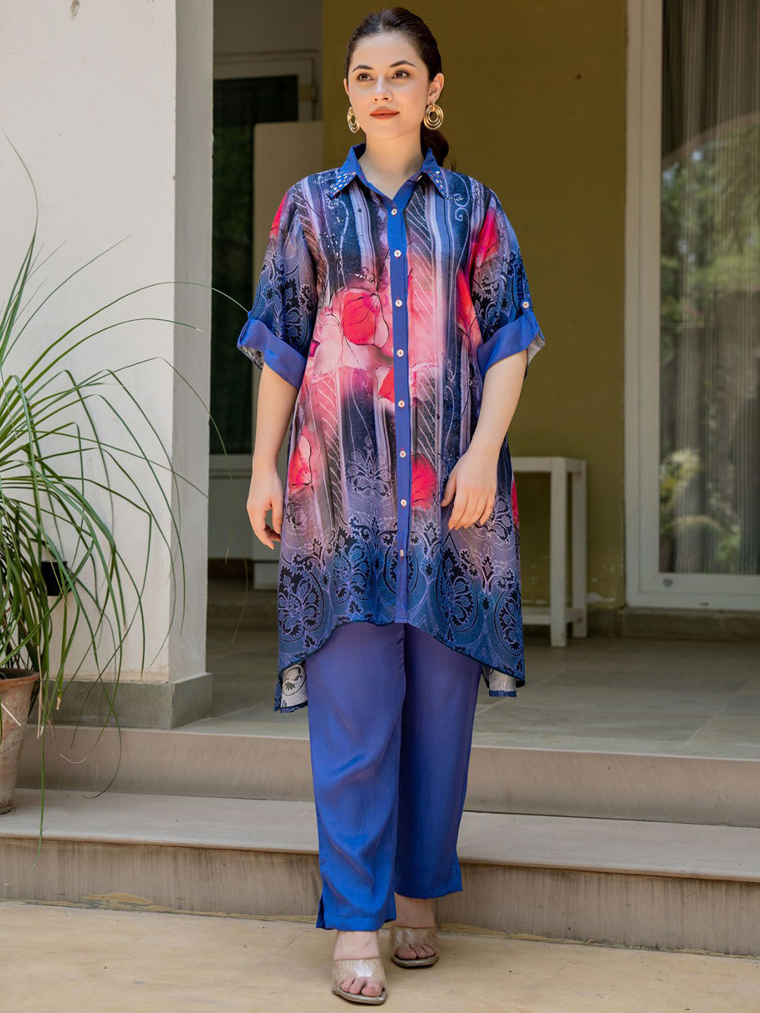 

FASHION DWAR Floral Printed Tunic With Trousers, Blue