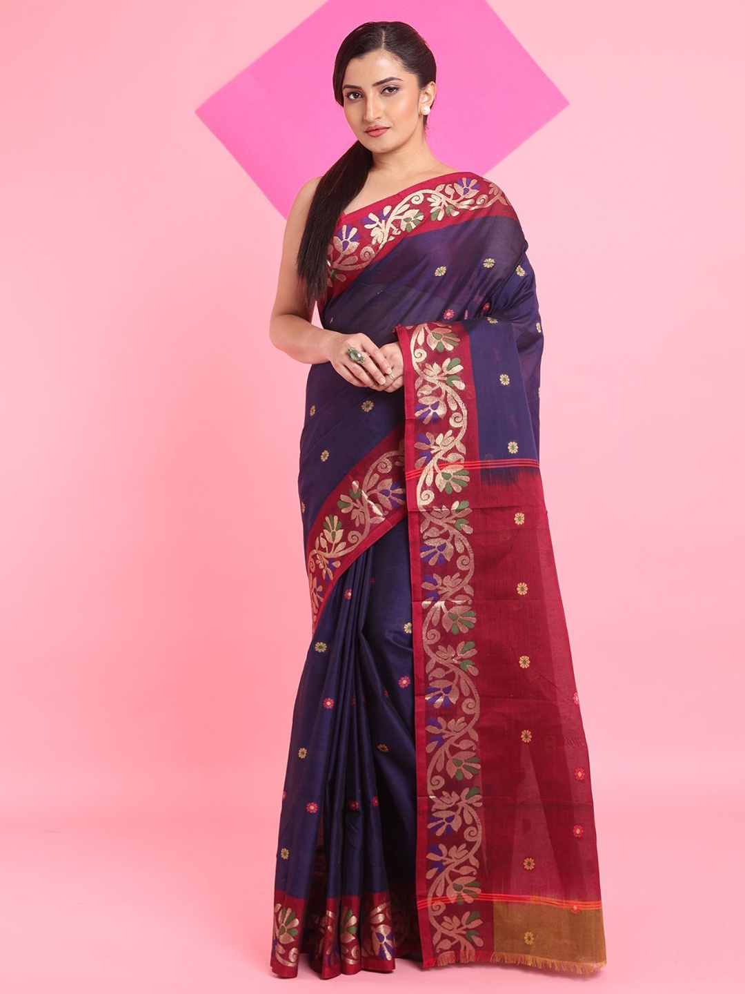 

Arhi Ethnic Motifs Woven Design Saree With Zari Border, Navy blue