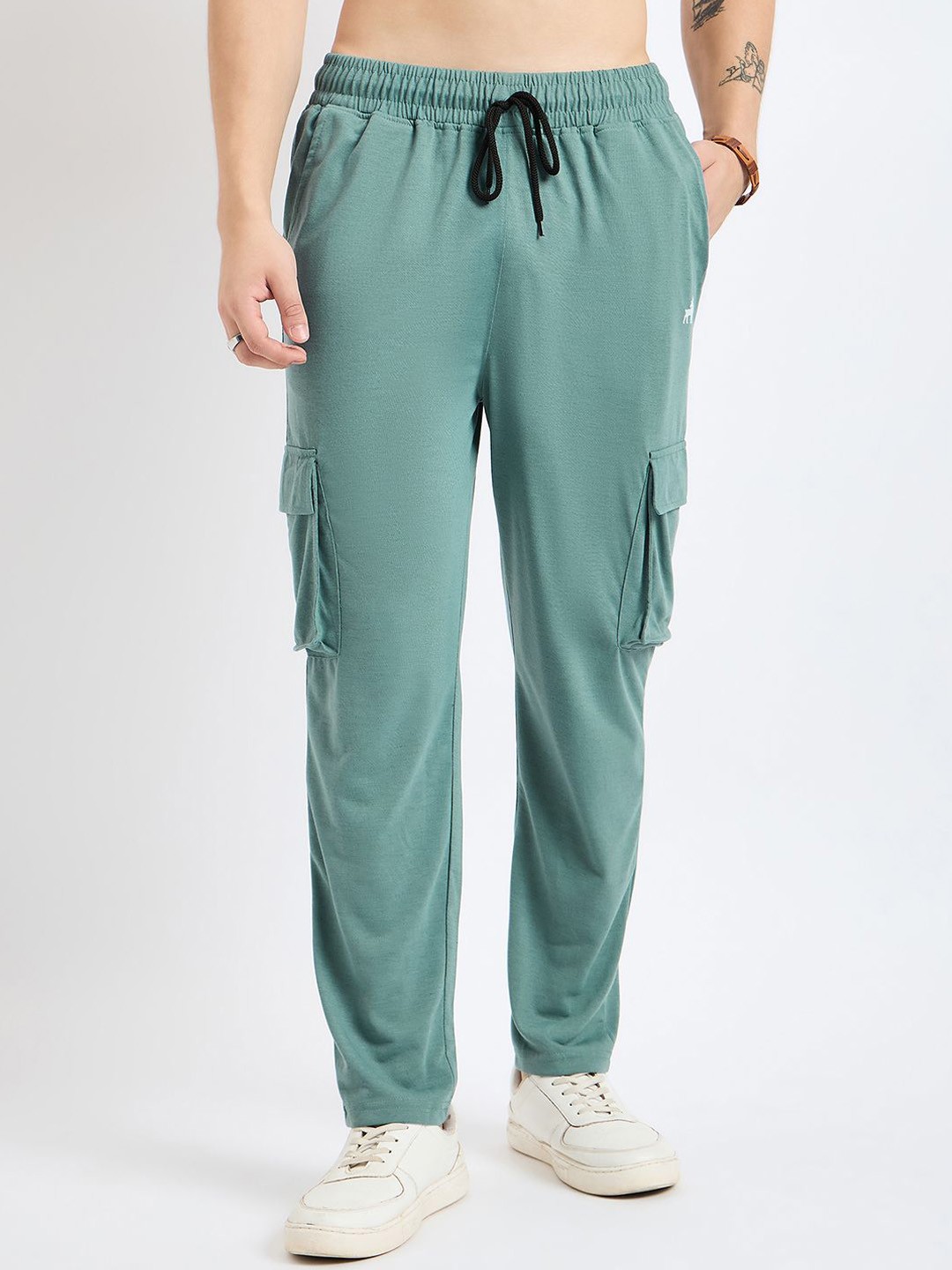 

Modeve Men Cotton Mid Rise Cargo Track Pants, Green