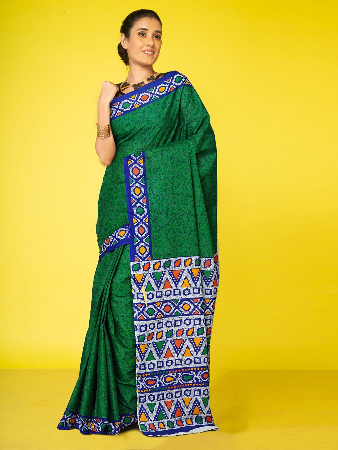 

Unnati Silks Printed Ethnic Motifs Pure Cotton Handloom Block Print Saree, Green