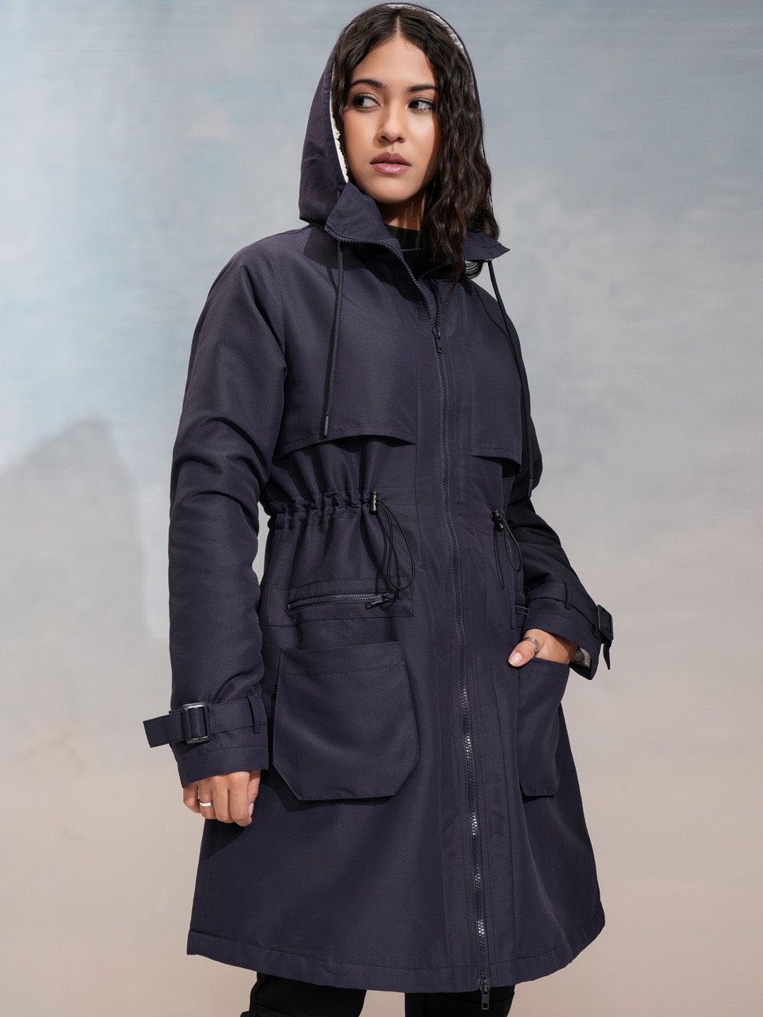 

Tokyo Talkies Women Solid Hooded Parka Jacket, Navy blue