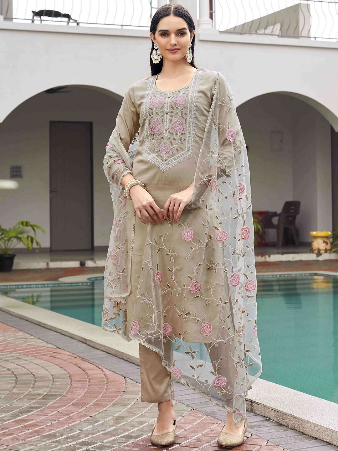

Tikhi Imli Floral Embroidered Pure Cotton Straight Kurta with Trousers & Dupatta, Beige