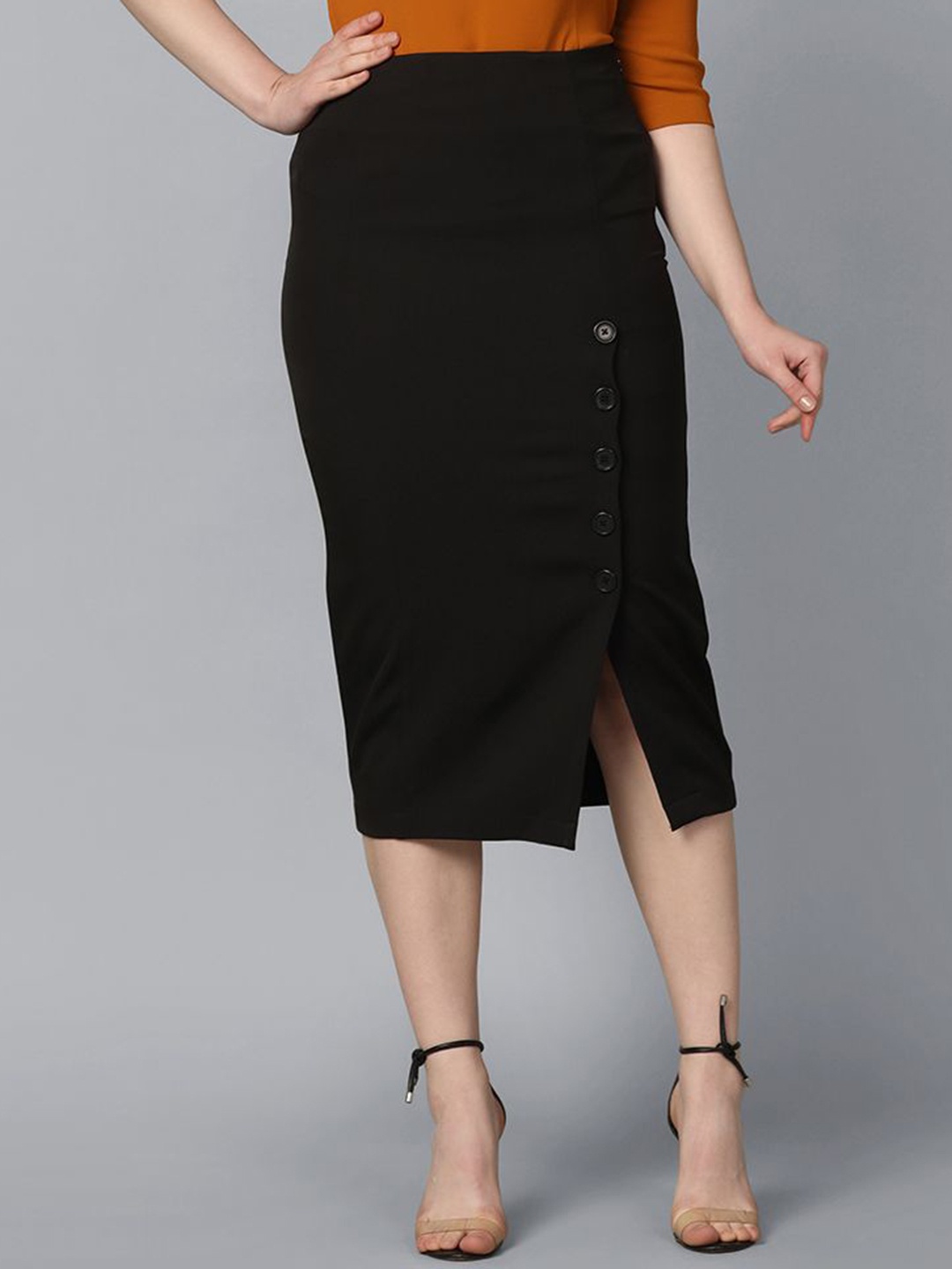 

PowerSutra Straight Fit Stretch Longline Pencil Button Detail Skirt, Black