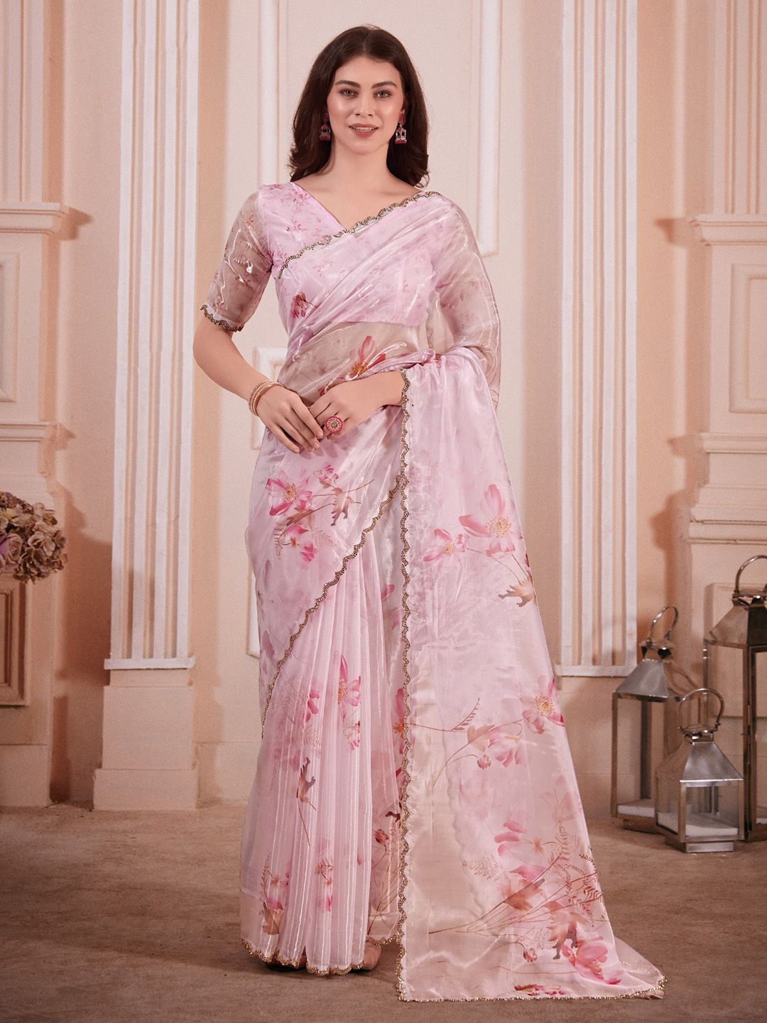 

Anouk Floral Beads and Stones Organza Saree, Pink