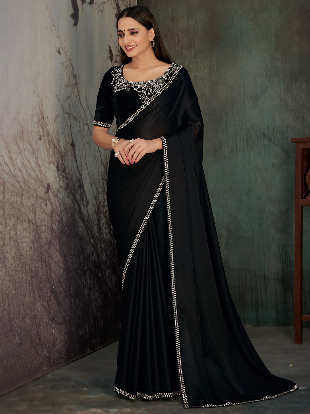 

Anouk Beads and Stones Poly Chiffon Saree, Black