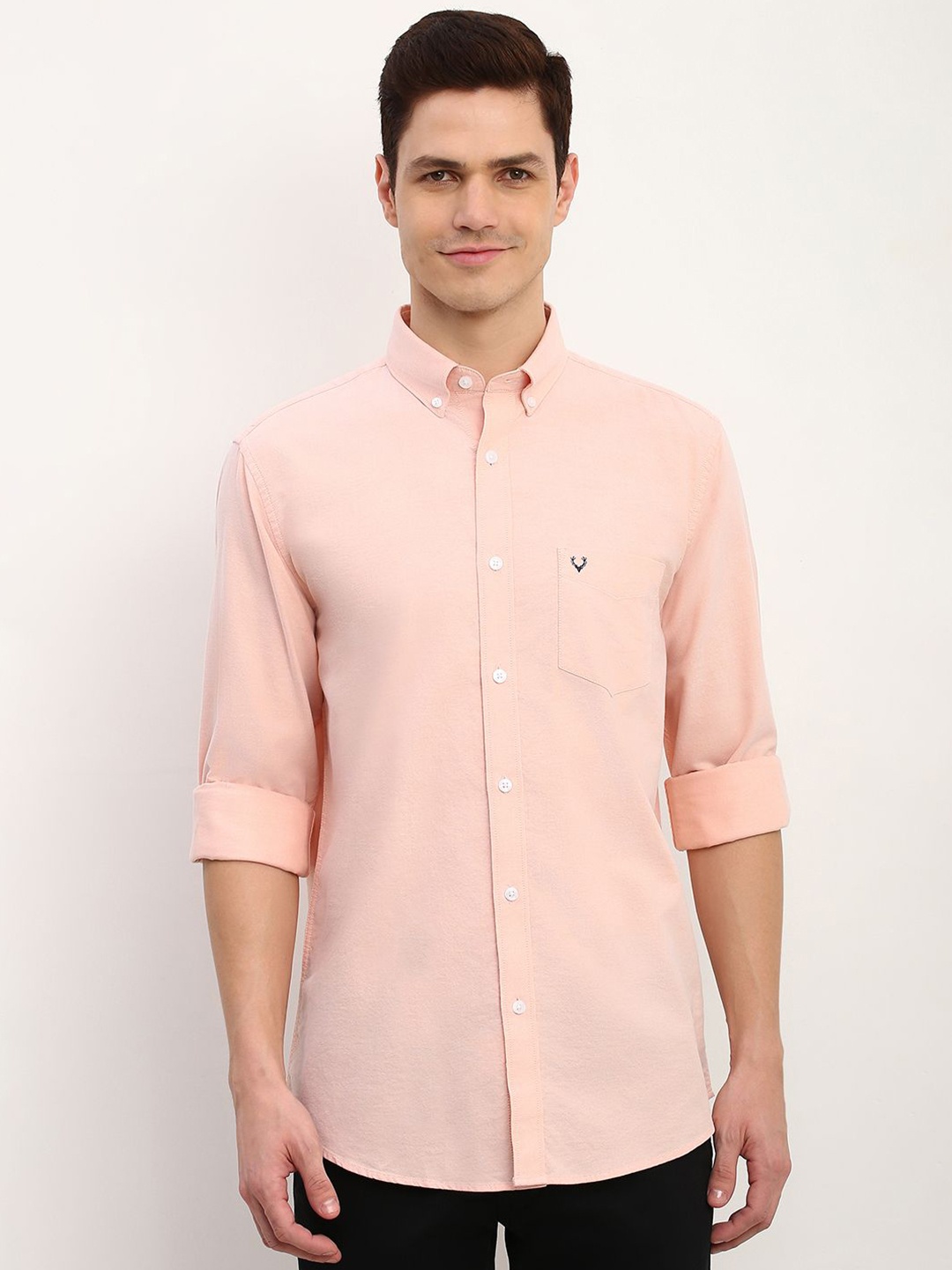 

Allen Solly Men Button-Down Collar Solid Cotton Slim Fit Casual Shirt, Peach