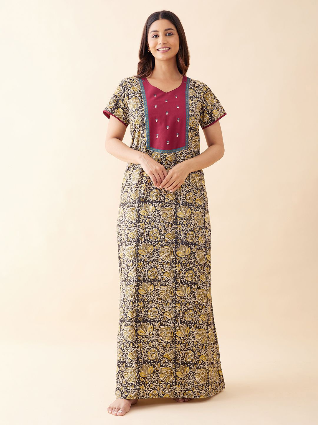 

Maybell Printed Women Floral Embroidered Maxi Nightdress, Black