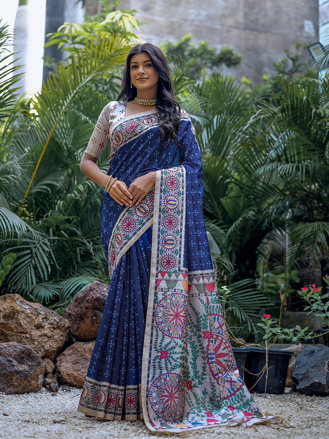 

LeeliPeeri Designer ethnic motifs Tussar printed Saree with blouse piece, Blue