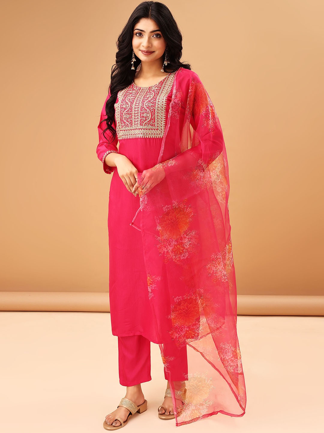 

TRAHIMAM Floaral Yoke Design Embroidered Straight Zari Kurta With Trousers & Dupatta, Rose