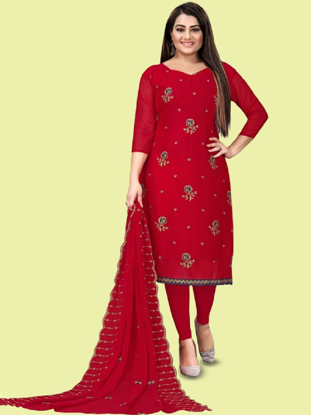 

APNISHA Floral Embroidered Thread Work Silk Georgette Unstitched Dress Material, Red