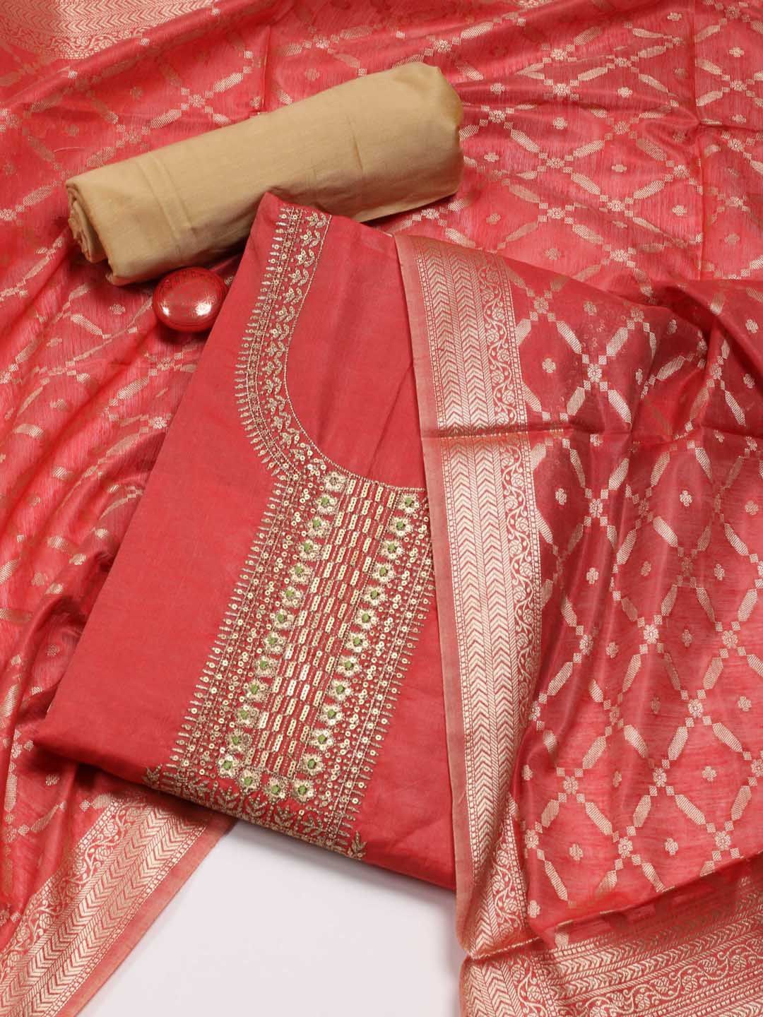 

Meena Bazaar Ethnic Motifs Embroidered Art Silk Unstitched Dress Material, Red