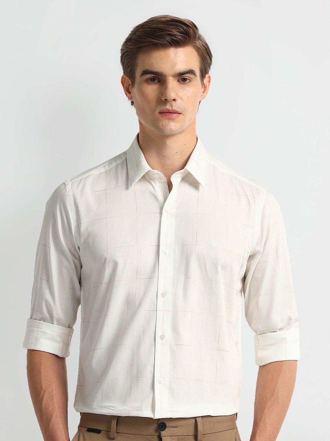 

Arrow Men Classic Spread Collar Tartan Checked Cotton Formal Shirt, Off white