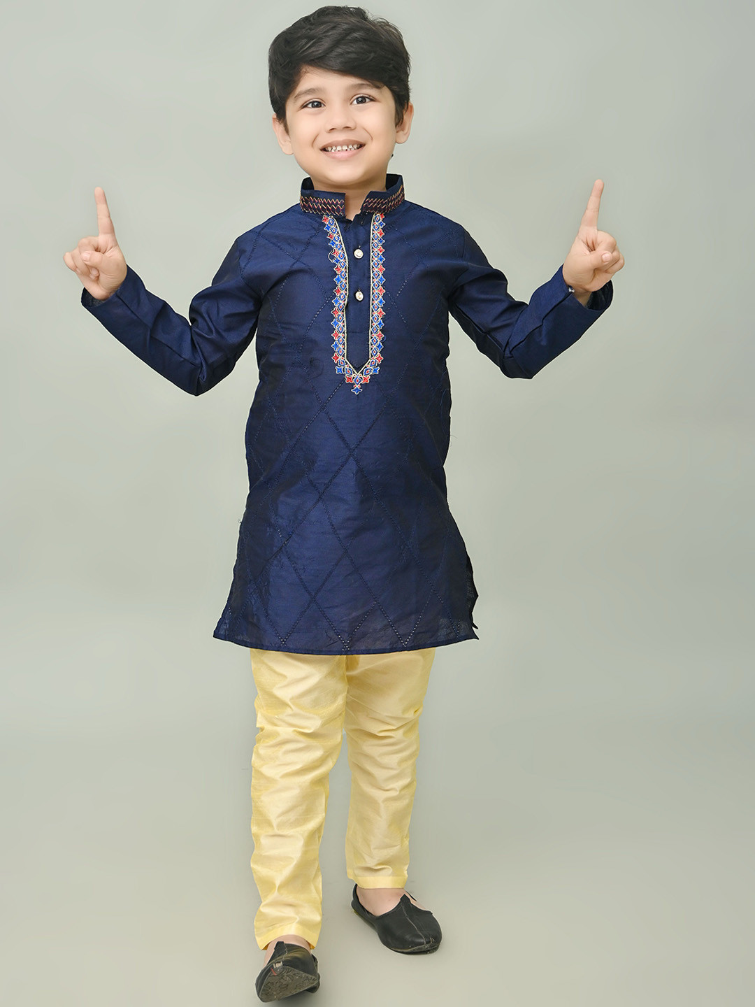 

NFC CREATION Boys Ethnic Motifs Embroidered Thread Work Dupion Silk Kurta with Pyjamas, Navy blue