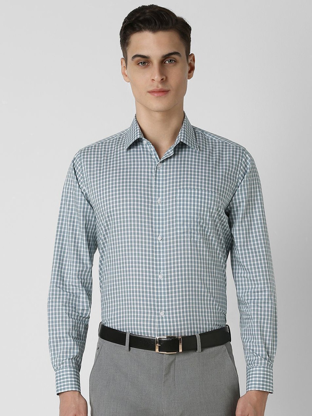 

Van Heusen Men Spread Collar Micro Checked Cotton Formal Shirt, Green