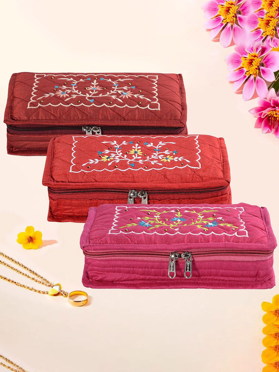 

Kuber Industries Maroon & Red 3 Pieces Self Design Jewellery Organisers