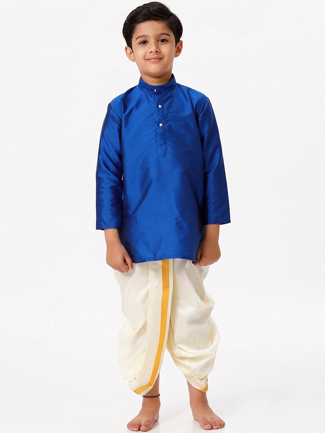 

Ramraj Boys Band Collar Silk Blend Kurta With Panchakacham, Blue