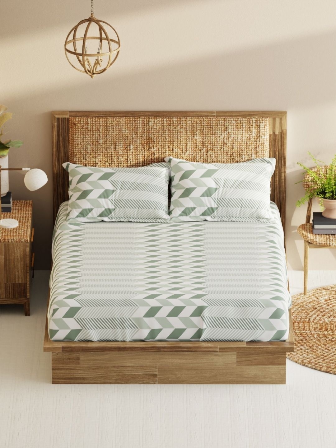 

BIANCA Monkler White & Green Geometric 210 TC Cotton King Bedsheet with 2 Pillow Covers