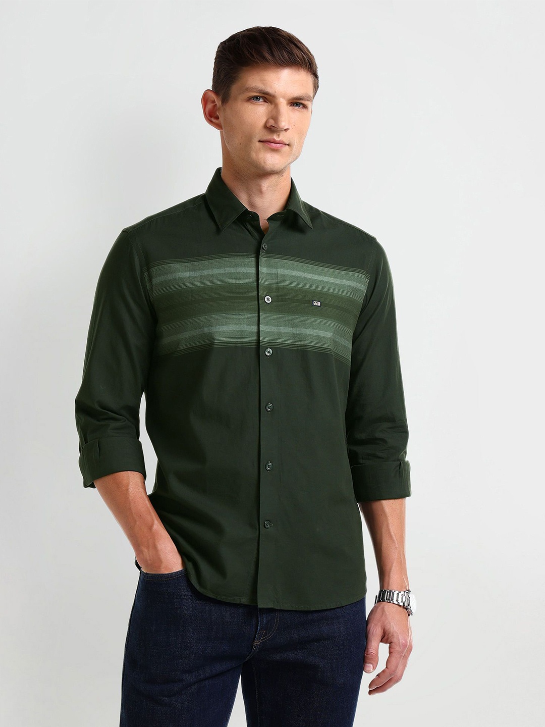 

Arrow Men Modern Spread Collar Faded Cotton Slim Fit Casual Shirt, Green