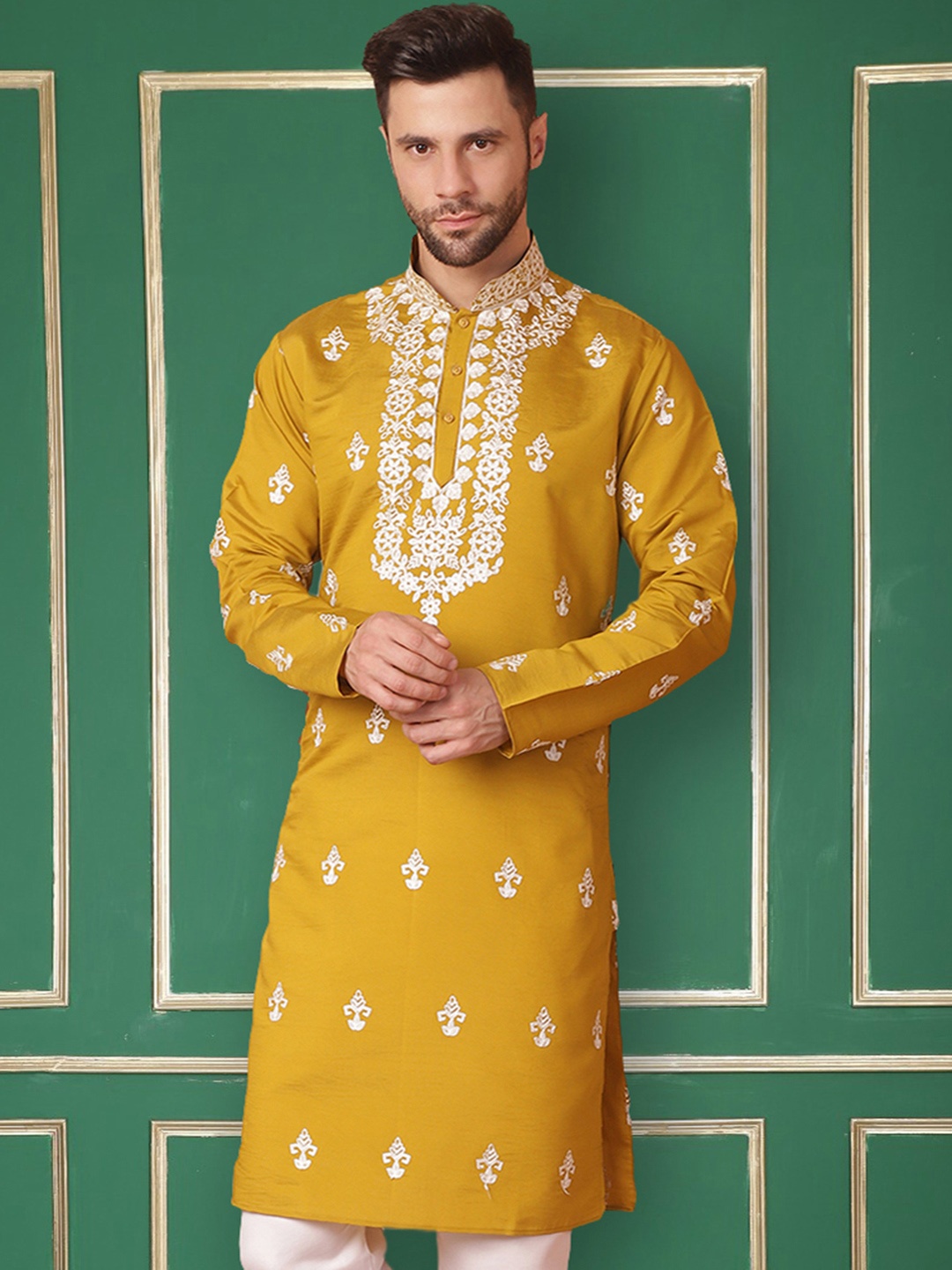 

Jompers Floral Embroidered Thread Work Mandarin Collar Straight Silk Kurta, Mustard