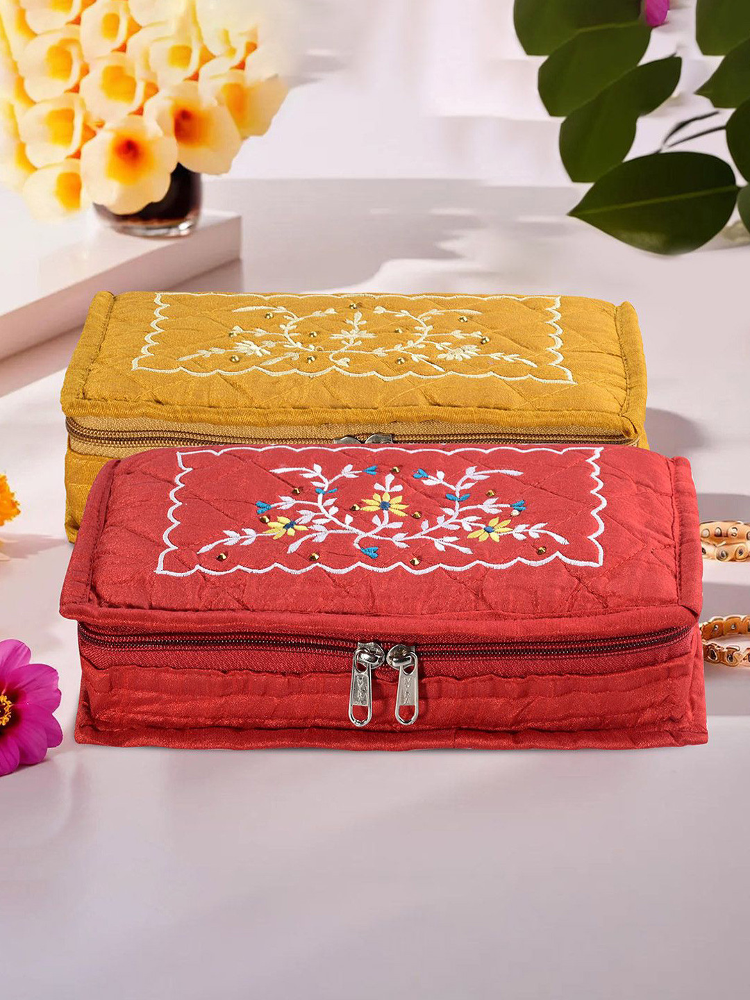 

Kuber Industries Yellow 2 Pieces Floral Embroidered Jewellery Organisers