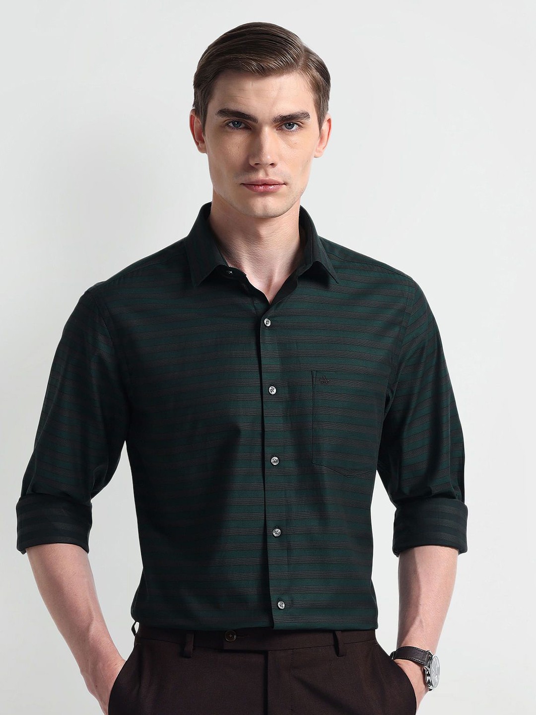 

Arrow Men Modern Spread Collar Striped Cotton Slim Fit Formal Shirt, Green